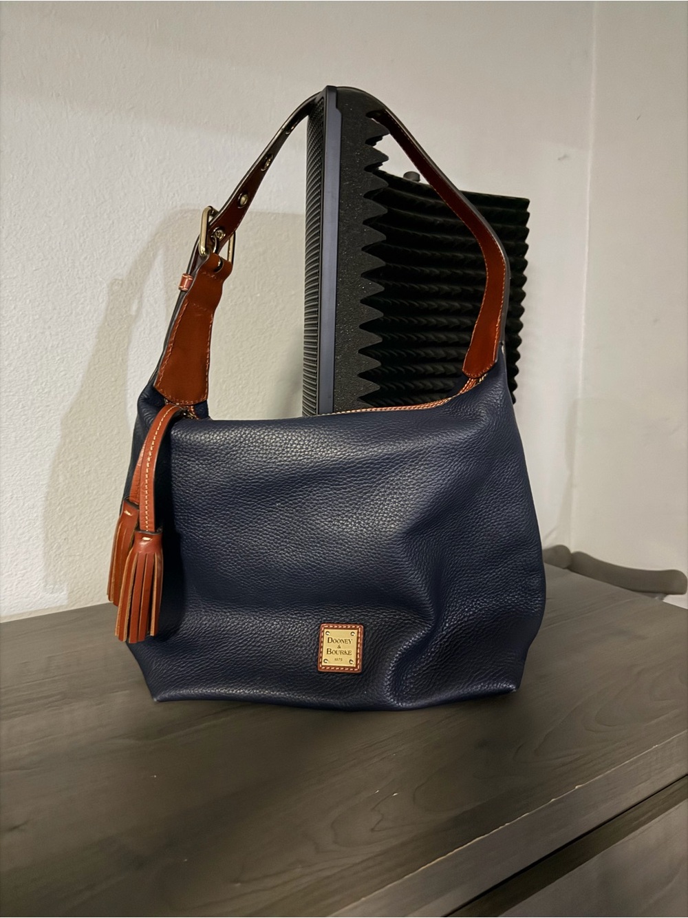 Dooney & Bourke Navy Pebbled Leather Hobo with Brown Trim